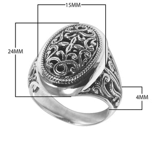 Wholesale sterling silver oval ring with intricate Balinese carvings, handcrafted 925 artisan jewelry, bulk silver rings for resellers.
