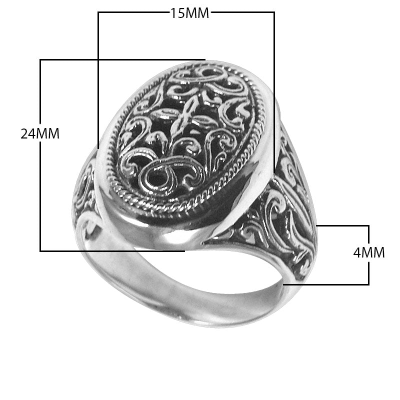 Wholesale sterling silver oval ring with intricate Balinese carvings, handcrafted 925 artisan jewelry, bulk silver rings for resellers.