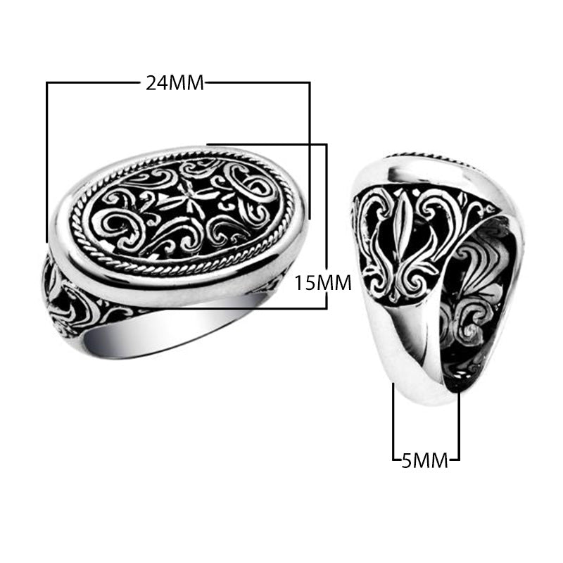 Wholesale sterling silver Woman oval signet ring with Bali scrollwork carving and oxidized finish, handcrafted 925 silver jewelry.