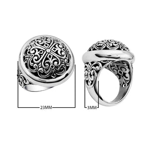 Wholesale sterling silver domed ring with intricate Bali carving, 24MM artisan statement jewelry.