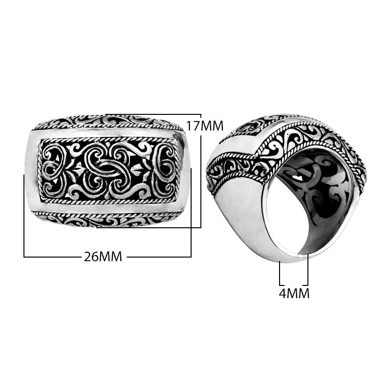 Bulk sterling silver rectangular wide band ring with intricate Bali carvings, handcrafted artisan design for wholesale jewelry collections.