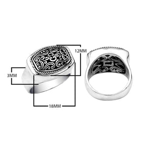 Wholesale sterling silver men’s rectangular signet ring with Bali scrollwork carving and oxidized finish, handcrafted 925 silver jewelry.