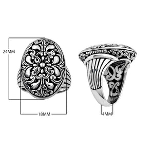 Sterling silver oval floral signet ring in bulk wholesale, handcrafted in Bali with oxidized finish and detailed scrollwork design.