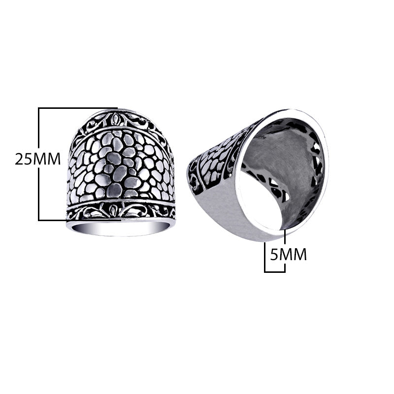 Sterling Silver Dome ring with hammered texture and scroll design, wholesale Bali handmade jewelry