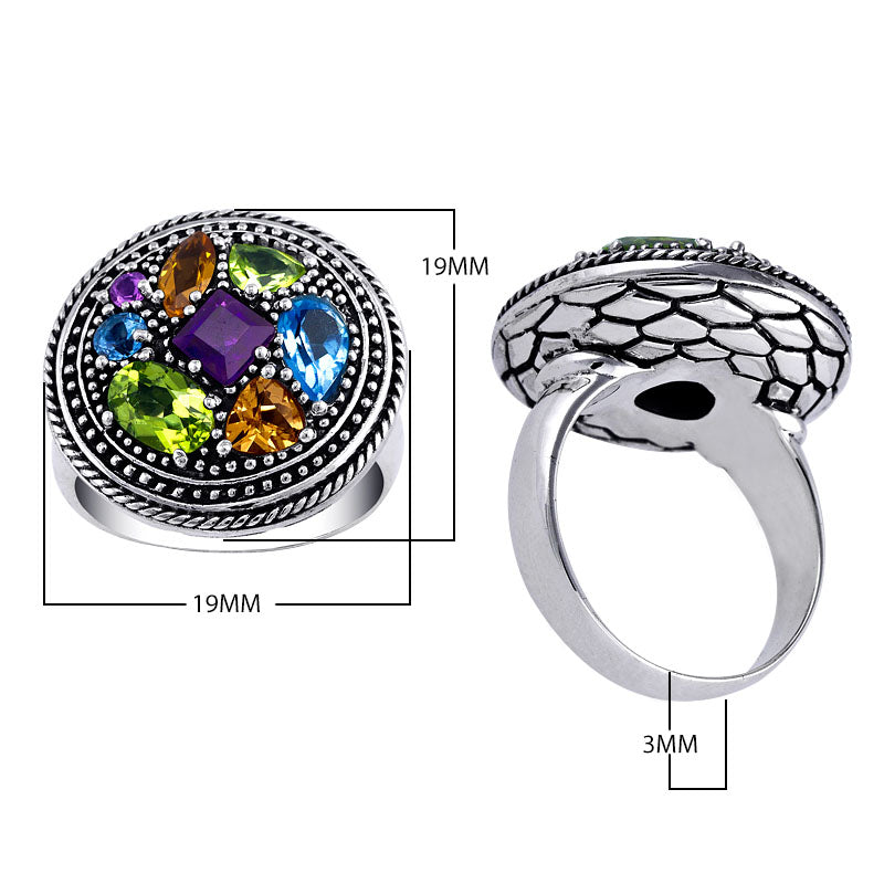 Sterling Silver handcrafted multi-quartz ring with Amethyst, Citrine, Blue Topaz, and Peridot Quartz wholesale from Bali, Indonesiz 