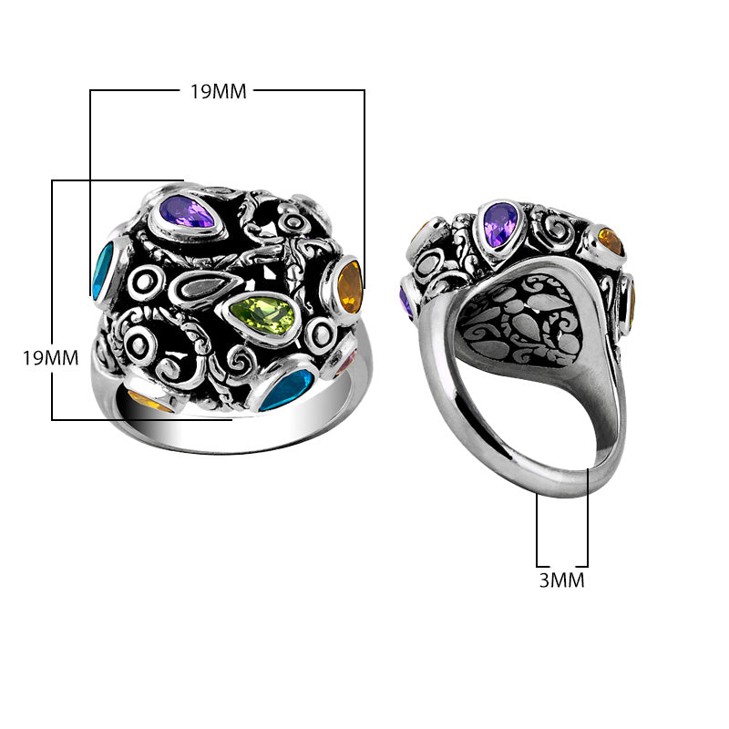 Sterling Silver handcrafted multi-quartz ring with Peridot, Citrine, Blue Topaz, and Amethyst wholesale from Bali, Indonesia