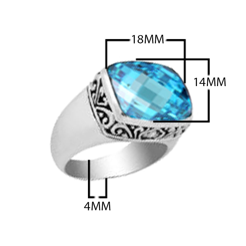 Wholesale sterling silver ring with cushion-cut blue topaz  Quartz and Balinese scroll bezel design – handcrafted artisan jewelry from Bali.