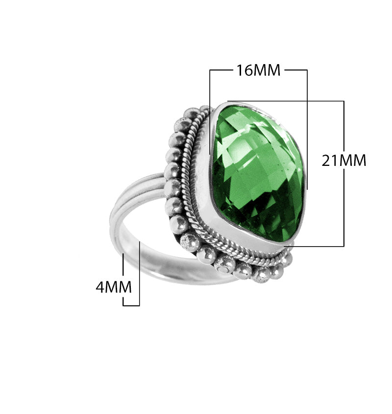 Wholesale sterling silver ring with faceted Green Quartz, Balinese beaded and rope design – bulk Quartz statement jewelry.