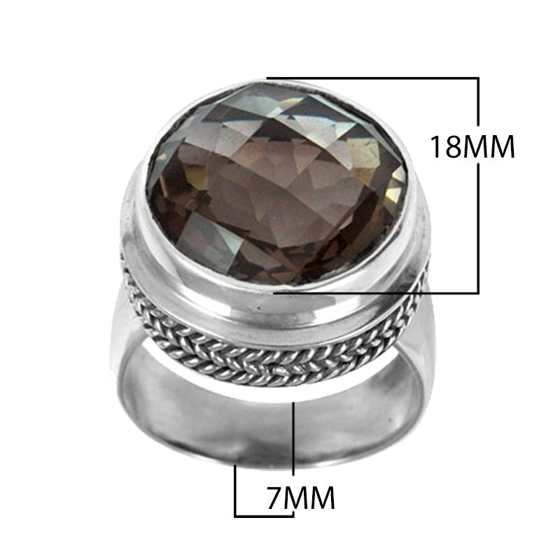 Wholesale sterling silver ring with faceted smoky quartz and braided bezel detailing – handcrafted artisan jewelry from Bali.