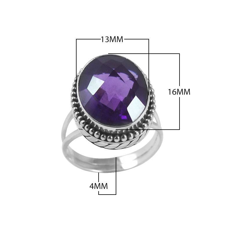 Wholesale sterling silver ring with faceted oval Amethyst Quartz, Balinese beaded border design – bulk handcrafted statement jewelry.