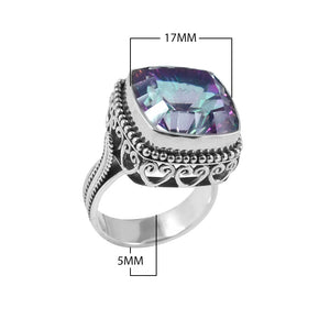 Wholesale sterling silver ring with faceted square Mystic Topaz Quartz, Balinese beaded border and scrollwork design – bulk handcrafted statement jewelry.