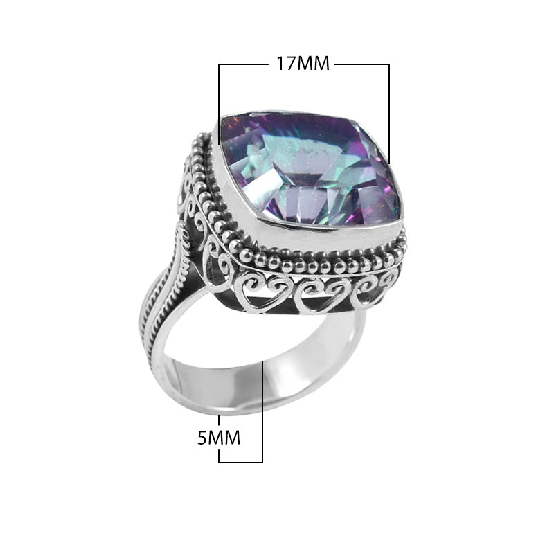 Wholesale sterling silver ring with faceted square Mystic Topaz Quartz, Balinese beaded border and scrollwork design – bulk handcrafted statement jewelry.