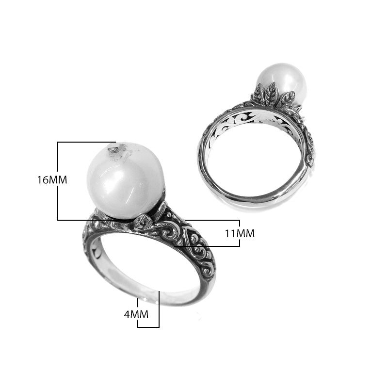 Sterling silver Balinese Pearl ring with scrollwork and leaf accents – wholesale.