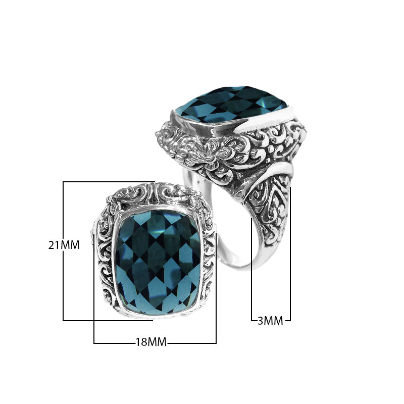 Sterling silver Woman London Blue Topaz Quartz ring with cushion-cut Quartz and Balinese carvings – wholesale jewelry