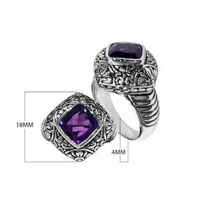 Sterling silver Woman ring with cushion-cut Amethyst Quartz and Balinese carvings.