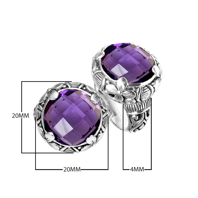 Sterling silver ring with round Amethyst Quartz and Balinese floral carvings.