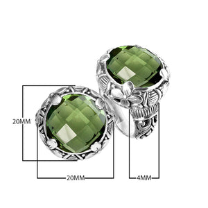 Sterling silver ring with round Green Amethyst Quartz and Balinese floral carvings.