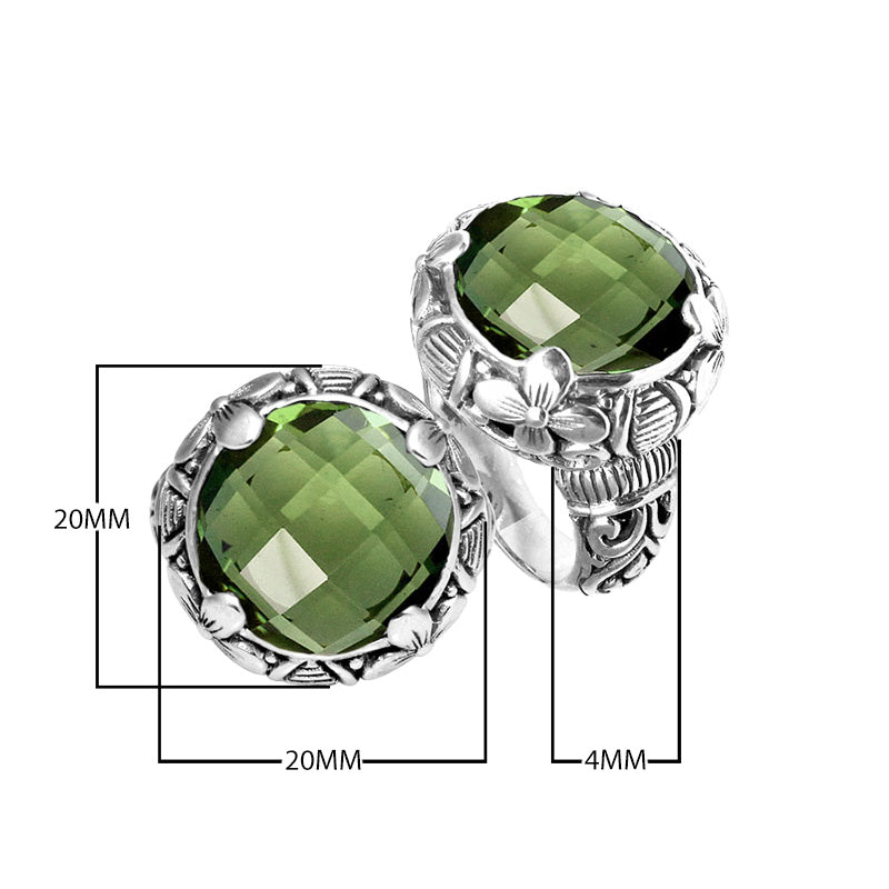 Sterling silver ring with round Green Amethyst Quartz and Balinese floral carvings.