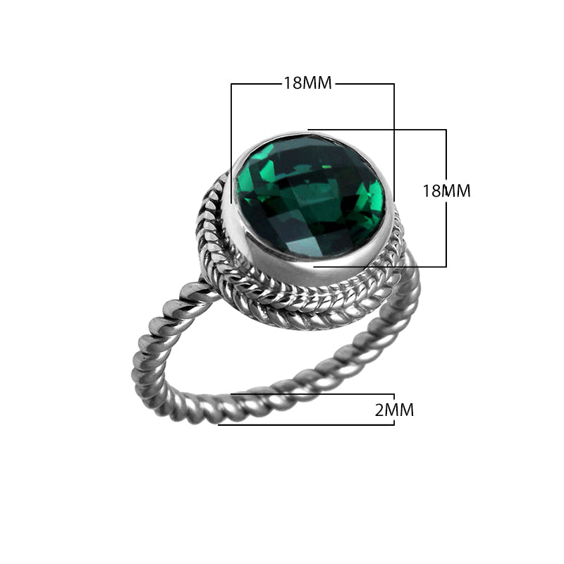 Sterling silver ring with a round Green Quartz and rope-style band design.