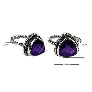 Sterling silver trillion Amethyst Quartz ring with faceted purple Quartz and rope bezel, wholesale jewelry from Indonesia.