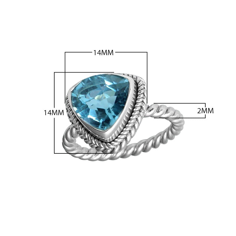 Sterling silver trillion Blue Topaz Quartz ring with faceted Blue Quartz and rope bezel, wholesale jewelry from Indonesia.