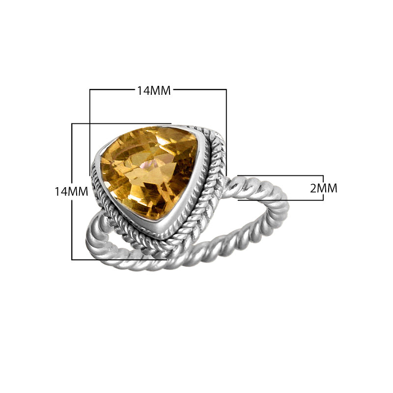 Sterling silver trillion Citrine Quartz ring with faceted Yellow Quartz and rope bezel, wholesale jewelry from Indonesia.