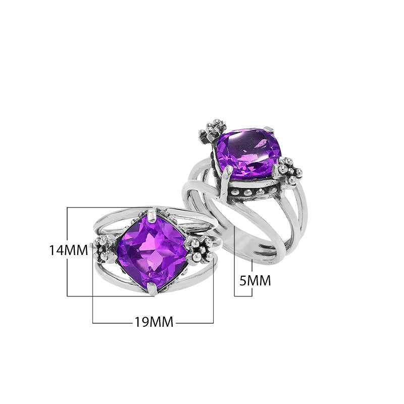 Wholesale 925 sterling silver ring with cushion-cut Amethyst Quartz and floral accents, handcrafted in Bali.