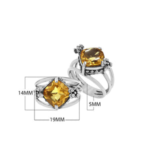 Wholesale 925 sterling silver ring with cushion-cut Citrine Quartz and floral accents, handcrafted in Bali.