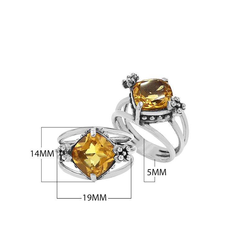 Wholesale 925 sterling silver ring with cushion-cut Citrine Quartz and floral accents, handcrafted in Bali.