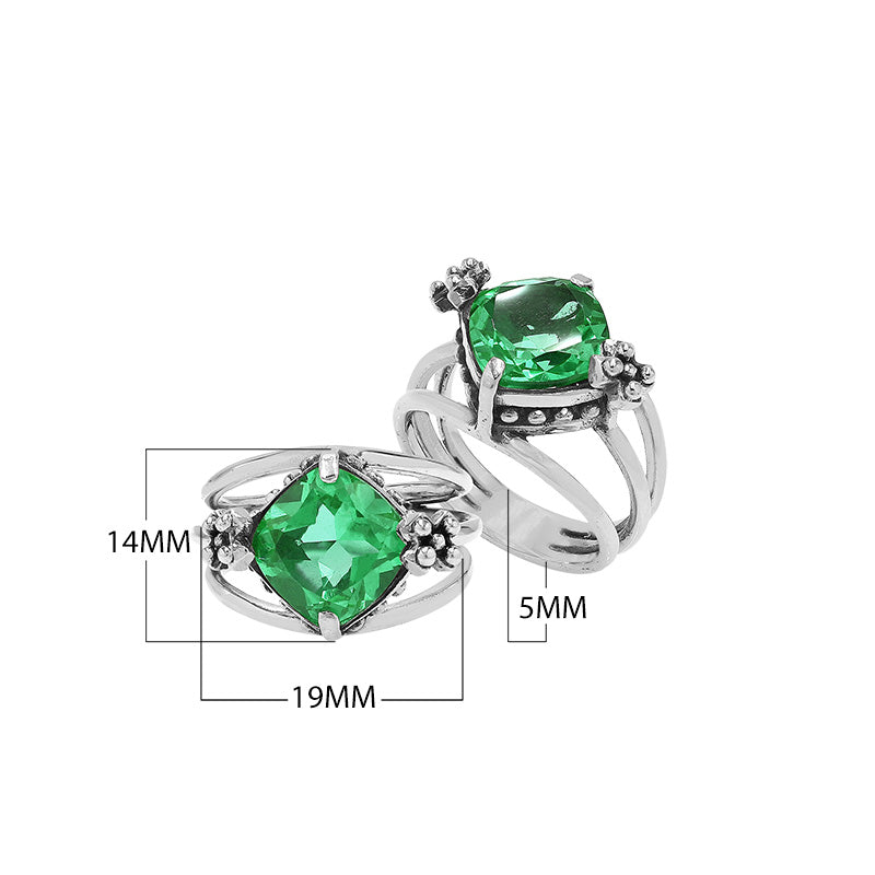 Wholesale 925 sterling silver ring with cushion-cut green quartz and floral accents, handcrafted in Bali.