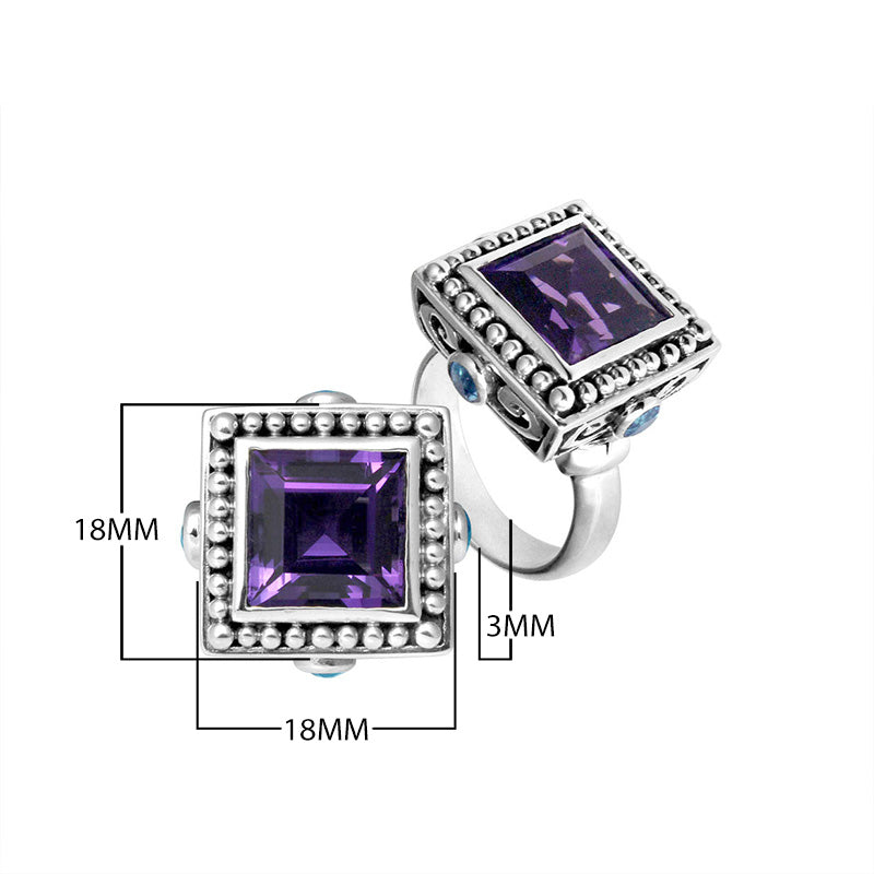 Wholesale sterling silver ring with Square-cut Amethyst Quartz and beaded silver detailing, handcrafted in Bali.