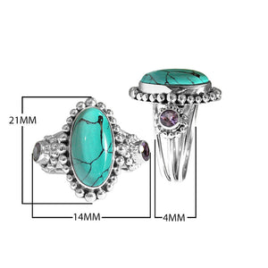 Wholesale sterling silver Oval Turquoise Shell & Amethyst Quartz ring with bead detailing and Amethyst Quartz accents, handcrafted in Bali.