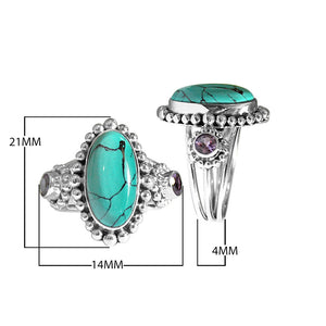 Wholesale sterling silver Oval Turquoise Shell & Amethyst Quartz ring with bead detailing and Amethyst Quartz accents, handcrafted in Bali.