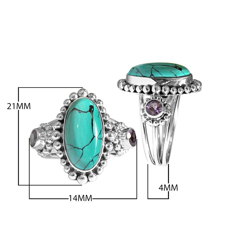 Wholesale sterling silver Oval Turquoise Shell & Amethyst Quartz ring with bead detailing and Amethyst Quartz accents, handcrafted in Bali.