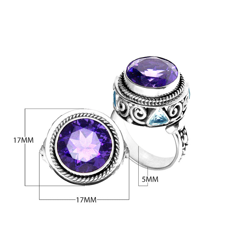 Wholesale sterling silver ring with round-cut Amethyst Quartz & Blue Topaz Quartz, rope bezel, swirl silverwork, and accent stones, handcrafted in Bali.