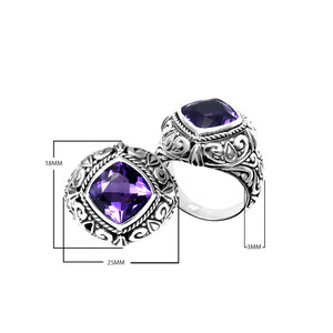 Wholesale sterling silver cushion-cut Amethyst Quartz ring with ornate scrollwork and rope bezel, handcrafted in Bali.