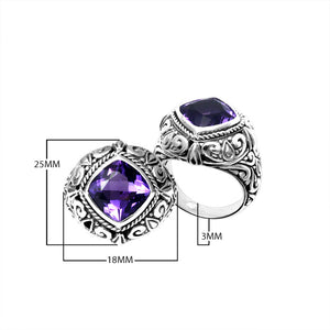 Wholesale sterling silver cushion-cut Amethyst Quartz ring with ornate scrollwork and rope bezel, handcrafted in Bali.