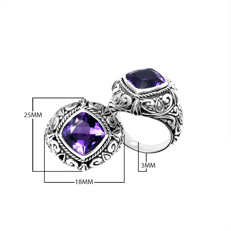 Wholesale sterling silver cushion-cut Amethyst Quartz ring with ornate scrollwork and rope bezel, handcrafted in Bali.