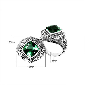 Wholesale sterling silver ring with cushion-cut Green Quartz and ornate scrollwork, handcrafted in Bali.