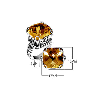 Wholesale sterling silver ring with cushion-cut Citrine Quartz, filigree band, and bead accents, handcrafted in Bali.