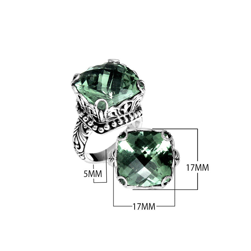 Wholesale sterling silver ring with cushion-cut Green Gmethyst Quartz, filigree band, and bead accents, handcrafted in Bali.