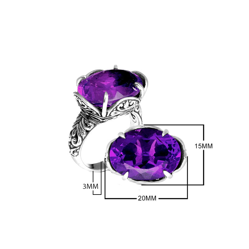 Sterling silver Balinese statement ring with oval Amethyst Quartz, handcrafted in Bali.