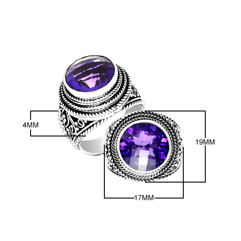 Sterling silver Balinese bold ring with round Amethyst Quartz and rope scroll design handcrafted in Bali.
