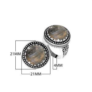 Sterling silver Labradorite ring with beaded halo and Balinese carvings handcrafted in Bali.