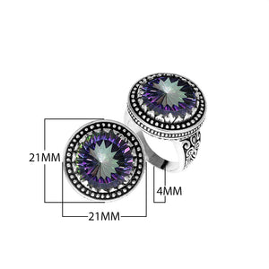 Sterling silver handcrafted Bali ring with round Mystic Quartz and beaded halo design.