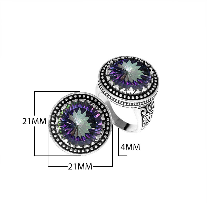 Sterling silver handcrafted Bali ring with round Mystic Quartz and beaded halo design.