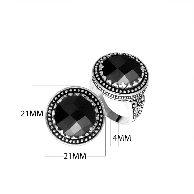 Sterling silver handcrafted Bali ring with faceted Black Onyx and beaded halo design.