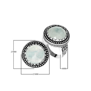 Sterling silver Rainbow Moonstone ring with beaded halo and Balinese carvings handcrafted in Bali.