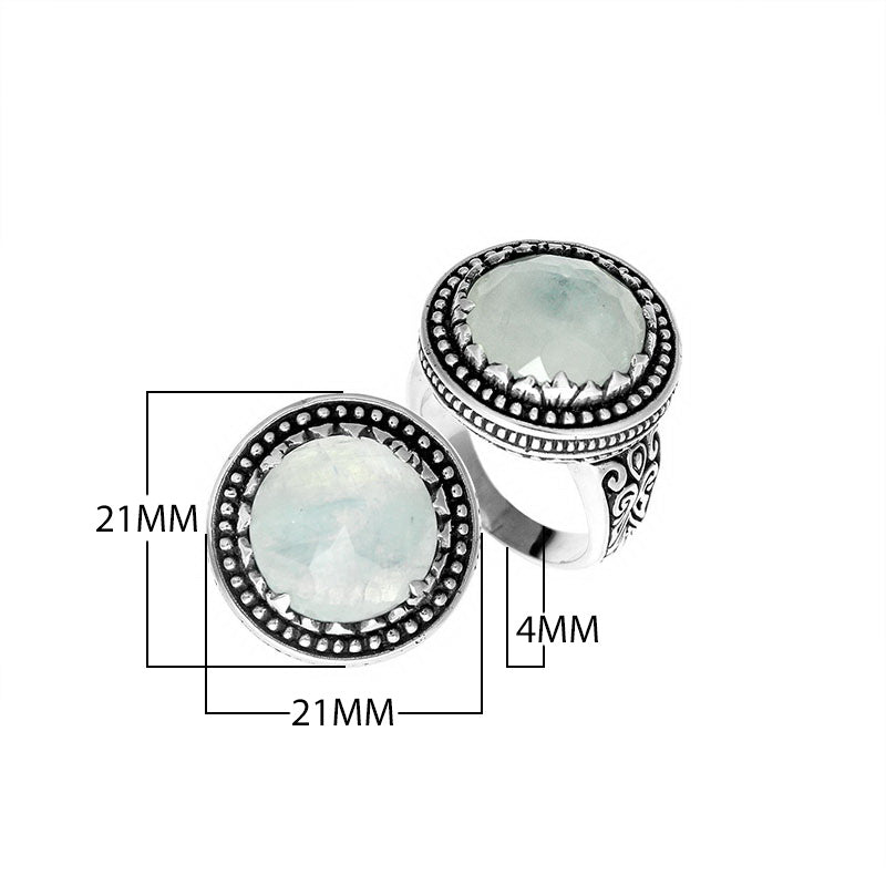 Sterling silver Rainbow Moonstone ring with beaded halo and Balinese carvings handcrafted in Bali.