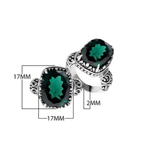Sterling silver handcrafted Bali ring with cushion-cut Green Quartz and scrollwork design.